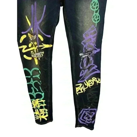 Mac Keen Men's Distressed Colorful Graffiti Jeans Dark Wash Size 34, Pre-Owned - Picture 3 of 13
